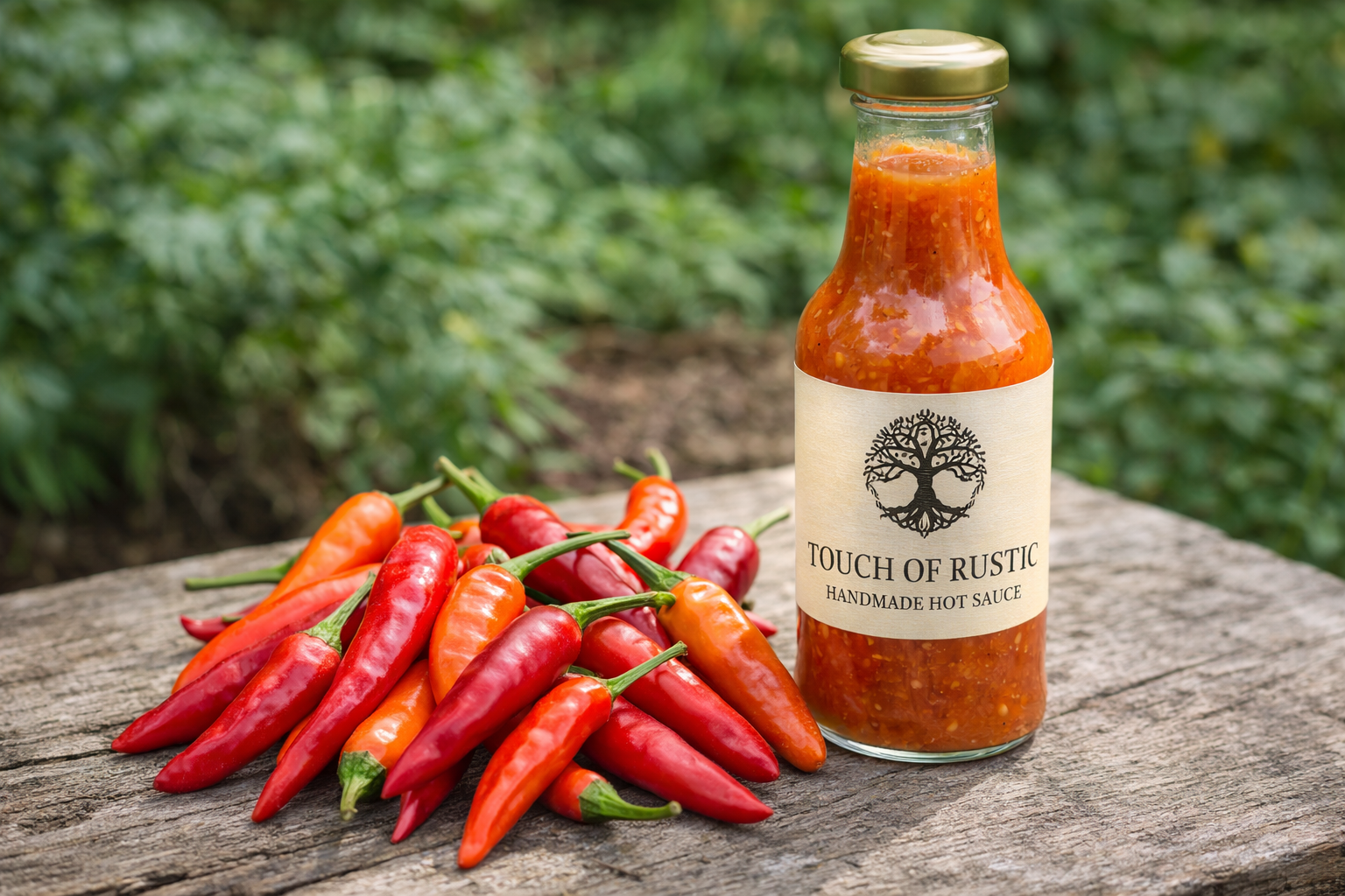 Touch of Rustic handmade hot sauce bottle with fresh chillies on wooden table