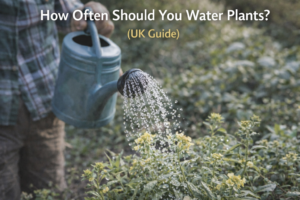 Watering garden plants with a watering can on a sunny day