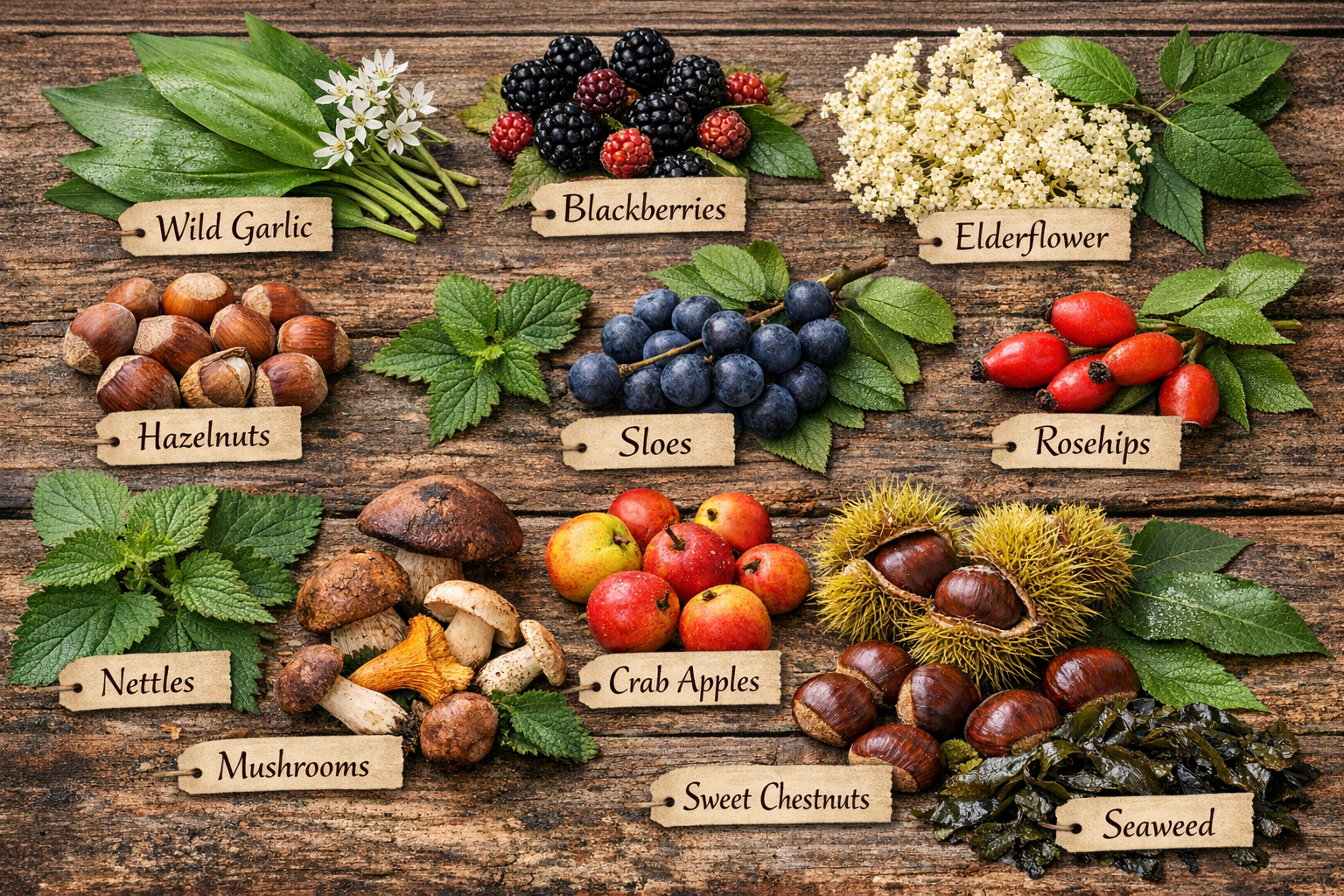 A labelled display of common UK wild foods including wild garlic, blackberries, elderflower, hazelnuts, sloes, rosehips, nettles, mushrooms, crab apples, sweet chestnuts and seaweed laid out on a rustic wooden surface.